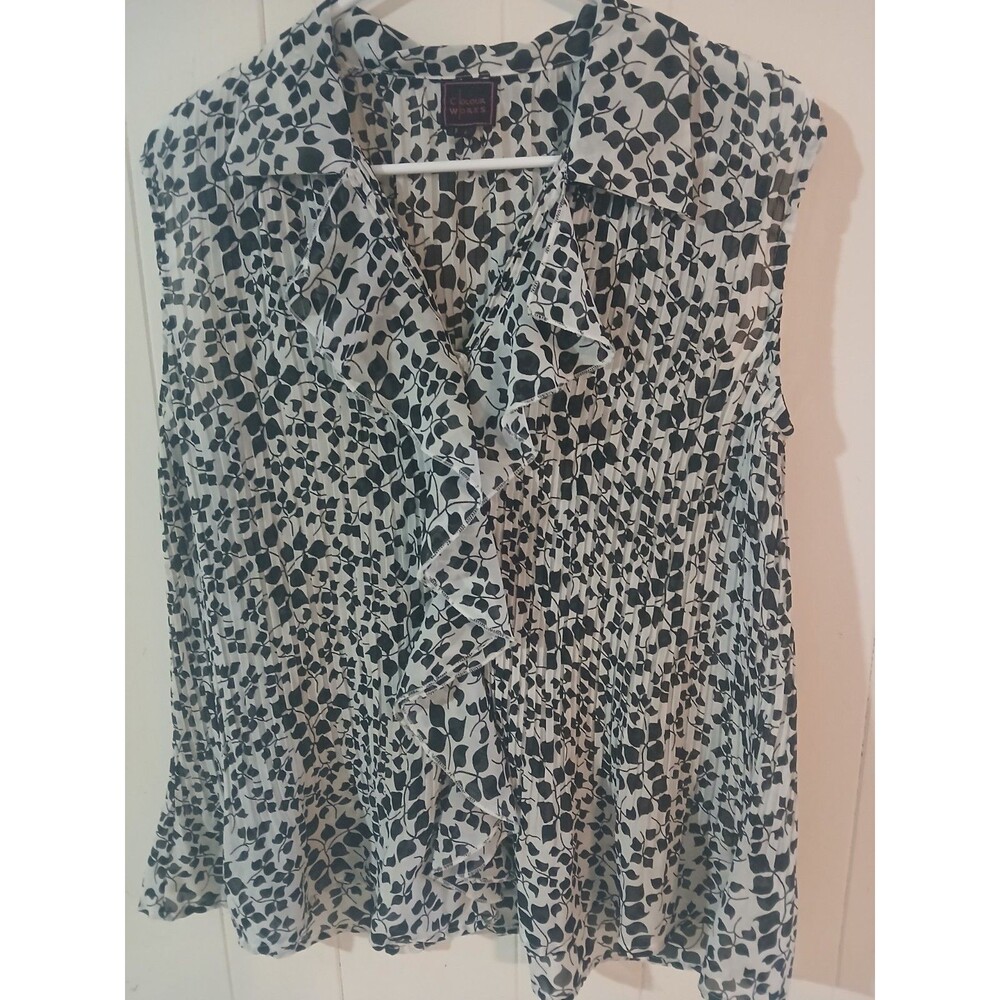 Sleeveless Ruffled Button Up Blouse Black White Floral Women's L Cottage Chic